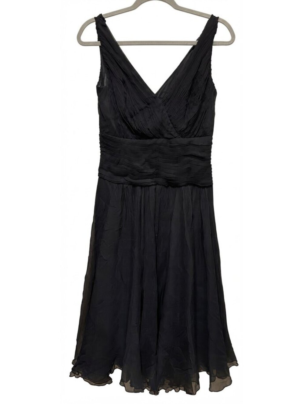 Tadashi Black 100% Silk Pleated V-Neck Cocktail Midi Dress Size 12 / UK 14